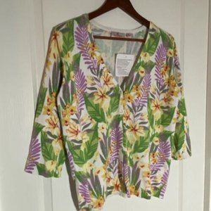 NWT Quacker Factory M Iris Lily Floral Cardigan Sweater White Purple Yellow